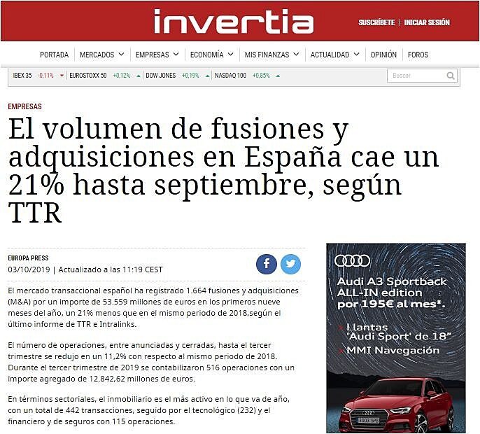 El volumen de fusiones y adquisiciones en Espaa cae un 21% hasta septiembre, segn TTR